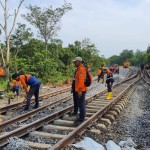 Petugas sedang berupaya melakukan perbaikan pada jalur KA yang ambles. ANTARA/HO-Humas KAI Tanjungkarang-1682668817