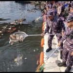 Sejumlah perwira TNI AL secara simbolis membersihkan sampah di kawasan hilir Kali Cilincing, Jakarta Utara, Selasa (5/9/2023). (Antara/bag)-1693885287