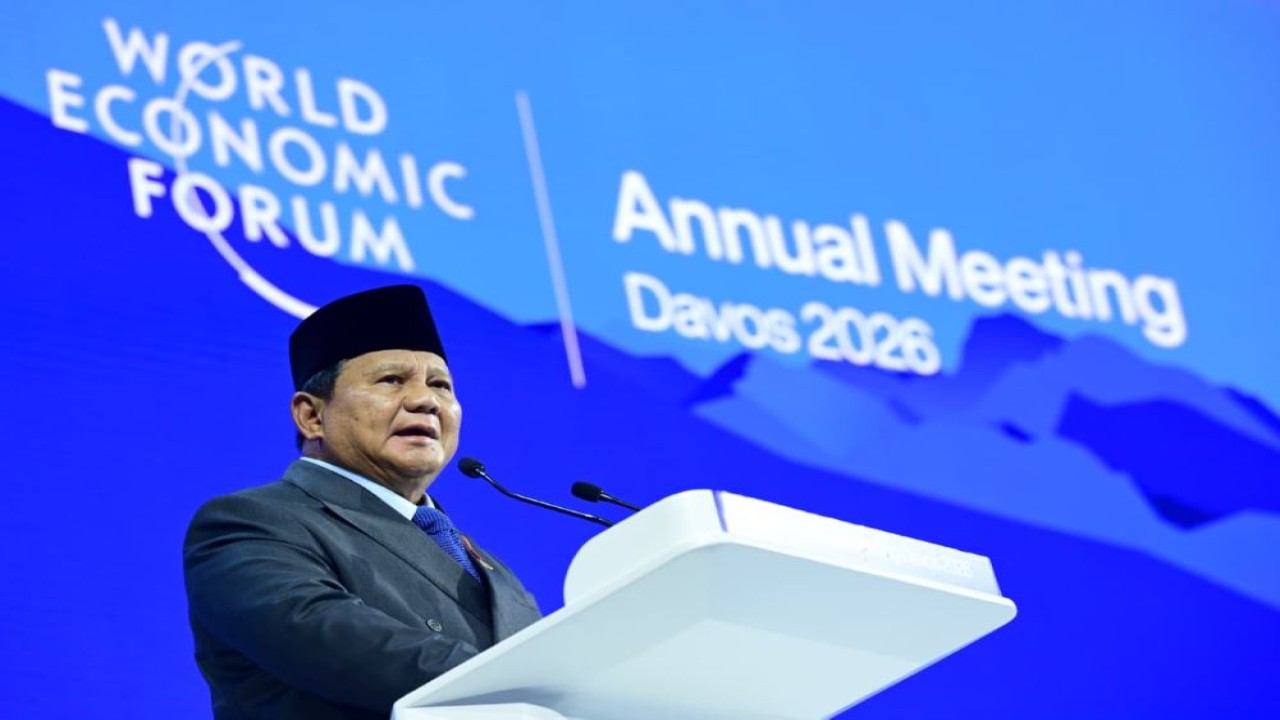 Presiden Prabowo Subianto saat berpidato di hadapan para pemimpin dunia dan pelaku ekonomi global dalam ajang World Economic Forum (WEF) 2026 di Davos, Swiss, Kamis (22/1)/ist