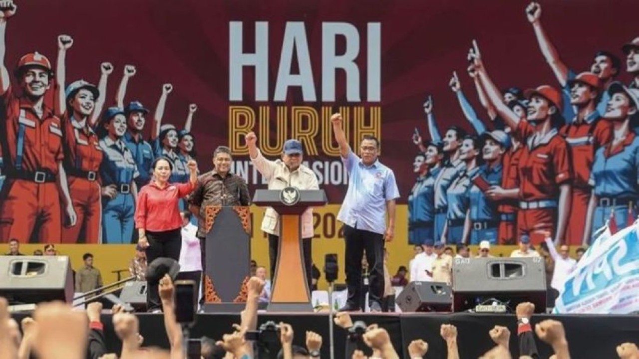 Presiden Prabowo Subianto di perayaan Hari Buruh Internasional 2025 di kawasan Monas, Jakarta. (Foto: Antara)