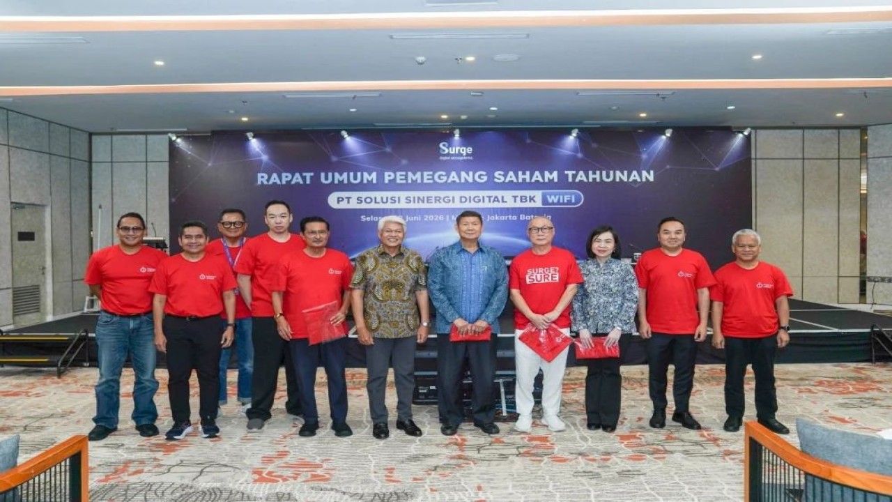 PT Solusi Sinergi Digital Tbk. (WIFI) atau Surge membagikan dividen Rp10,6 serta mengangkat Hashim Djojohadikusumo sebagai Komisaris Utama dalam RUPST Tahun Buku 2025 yang digelar pada Selasa (30/6/2026). (Istimewa)