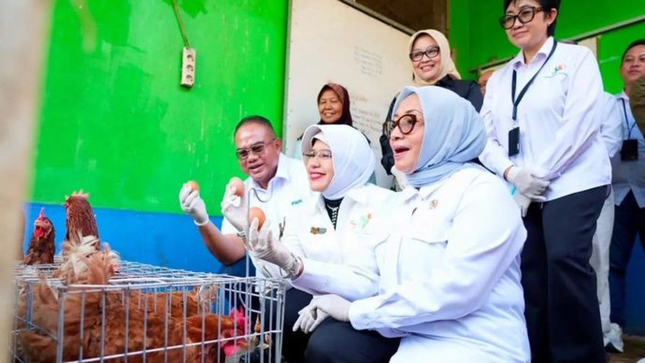 Menteri PPPA Arifah Fauzi dan Kepala BPS Amalia Adininggar Widyasanti mengunjungi usaha milik Ibu Ema, nasabah PNM Mekaar yang berhasil mengembangkan model usaha berbasis ekonomi sirkular. (Antara)