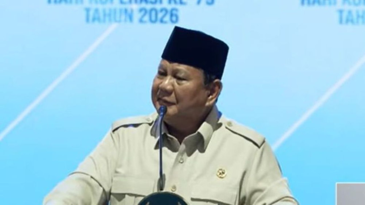 Presiden Prabowo Subianto menghadiri puncak peringatan Hari Koperasi Nasional (Harkopnas) ke-79 di Indonesia Arena, Kompleks Gelora Bung Karno (GBK), Jakarta, Minggu, 12 Juli 2026. (Foto: YouTube Sekretariat Presiden)