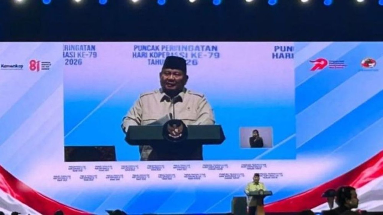 Presiden Prabowo Subianto berpidato pada puncak Perayaan Hari Koperasi Nasional ke-79 di Indonesia Arena, Kompleks Gelora Bung Karno (GBK), Jakarta, Minggu, 12 Juli 2026. (Foto: Antara)