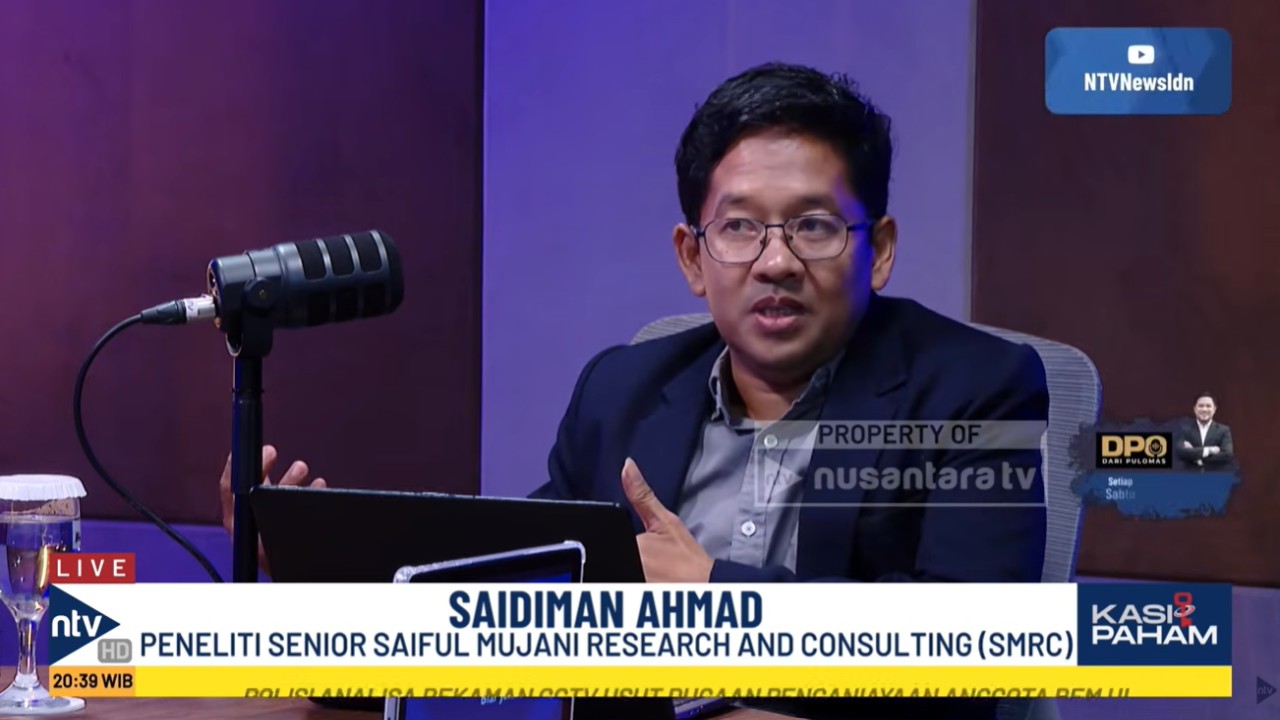 Peneliti Senior Saiful Mujani Research and Consulting (SMRC) Saidiman Ahmad memberikan keterangan tentang hasil survei SMRC terkait 2 tahun pemerintahan Prabowo-Gibran di Nusantara TV