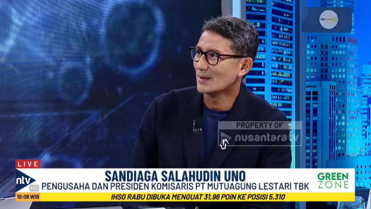 Pengusaha dan Presiden Komisaris PT Mutuagung Lestari TBK, Sandiaga Uno sampaikan pandangannya tentang Ekonomi Hijau di Nusantara Economic Updates Nusantara TV, Rabu (21/10/2026).